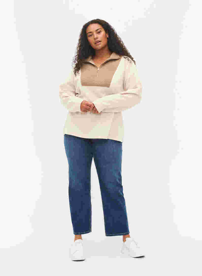 Höghalsad sweatshirt med teddymaterial och dragkedja, Brown Comb, Model image number 2