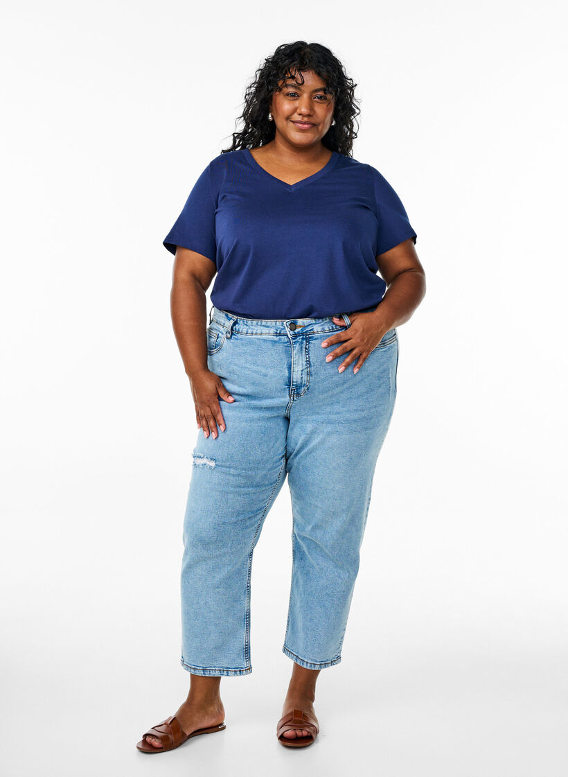 Enkel T-shirt i bomull med v-ringning, Blå, Model image number 1