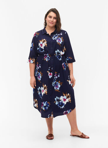 FLASH - Skjortklänning med blommönster, Big Blue Flower, Model image number 0