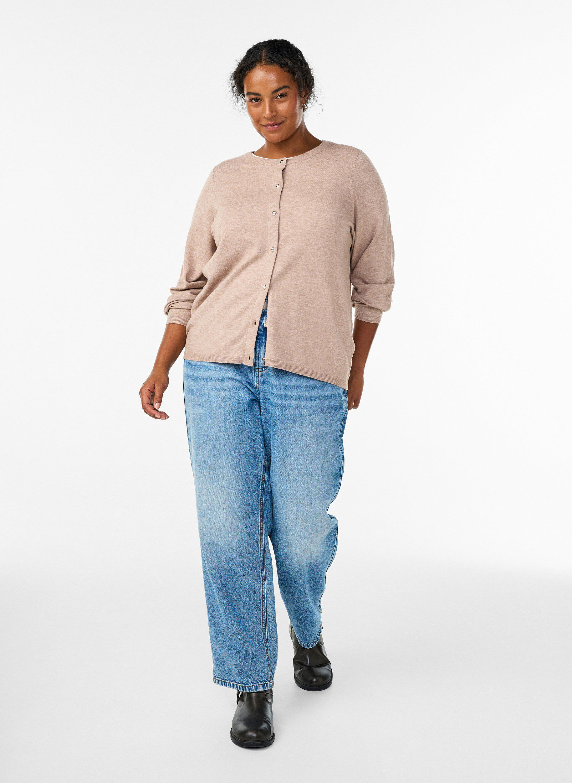 ZizziCardigan med runda knappar, Beige, Model image number 1