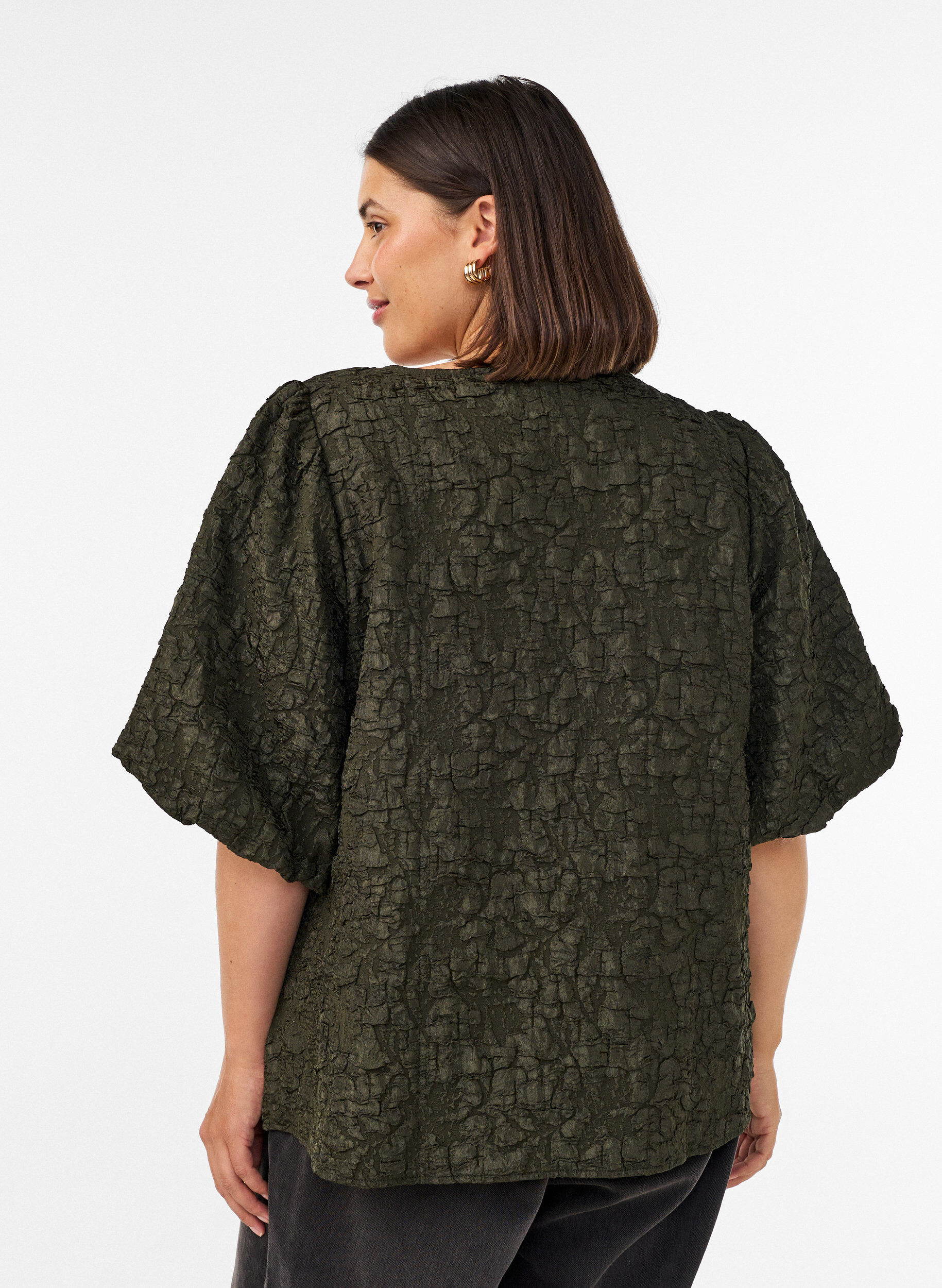 ZizziBlus i jacquard med puff&auml;rmar och a-linjeformad passform, Gr&ouml;n, Model image number 2