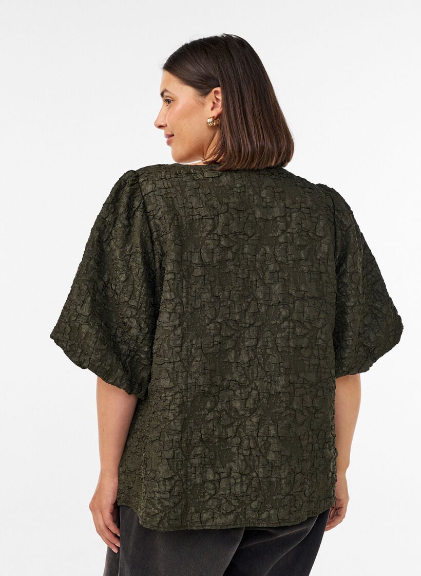 Blus i jacquard med puff&auml;rmar och a-linjeformad passform, Gr&ouml;n, Model image number 2