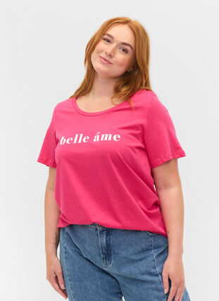 Kortärmad t-shirt i bomull med texttryck, Fandango Pink, Model image number 0