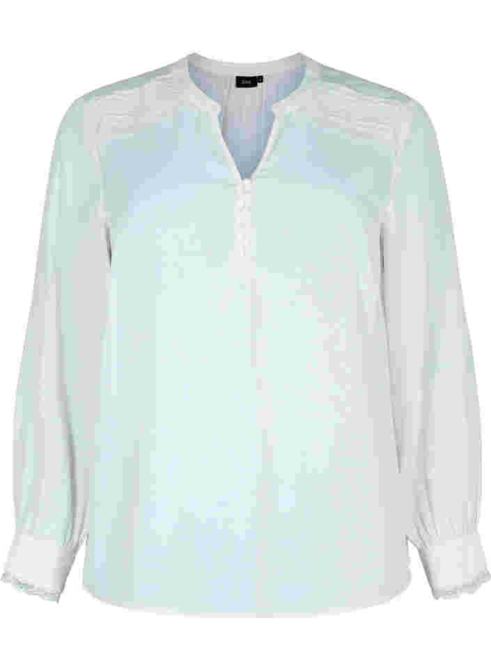Långärmad blus med V-ringad hals, Bright White, Packshot image number 0