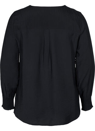 Skjorta i viskos med smockade ärmar, Black, Packshot image number 1