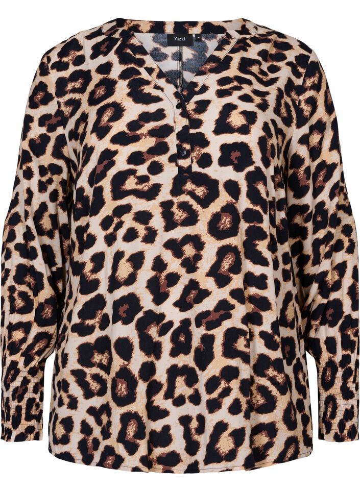 Mönstrad viskosblus med smock, Leo AOP, Packshot image number 0