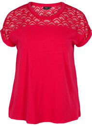 Kortärmad t-shirt av bomull med spets, Tango Red