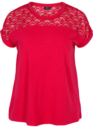 Kortärmad t-shirt av bomull med spets, Tango Red, Packshot image number 0