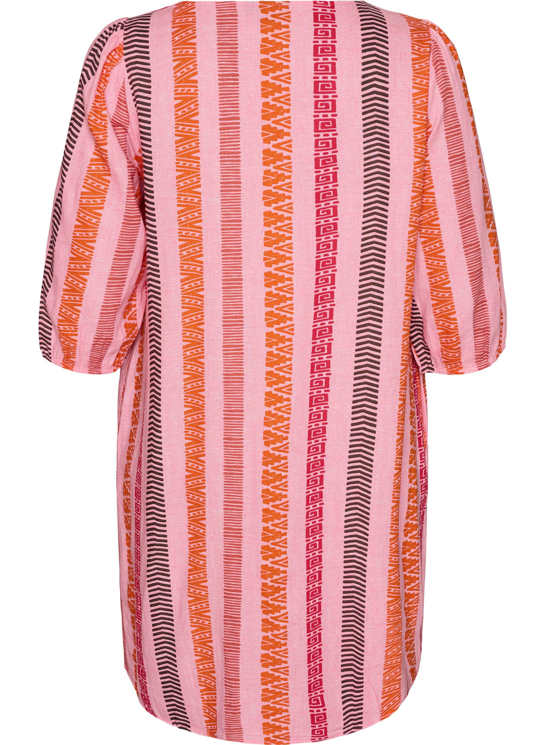 ZizziKort kl&auml;nning i linne och viskos med 3/4-&auml;rmar, Rosa, Packshot image number 1