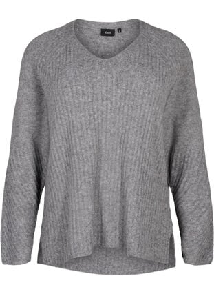 Stickad tröja med slits, Light Grey Melange, Packshot image number 0