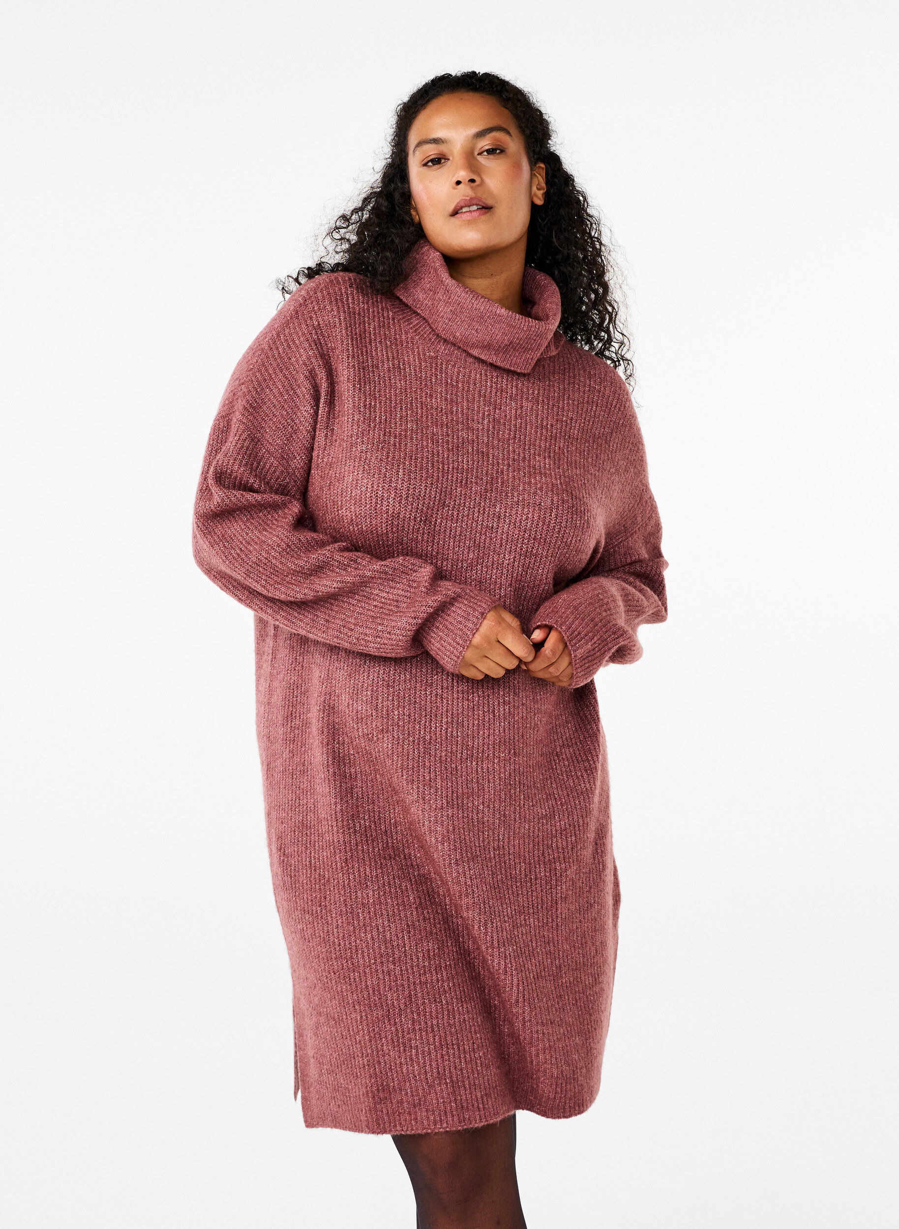 ZizziStickad kl&auml;nning med polokrage, Rosa, Model image number 0
