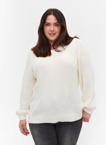 Långärmad stickad tröja med mönster, Cloud Dancer Mel., Model image number 0
