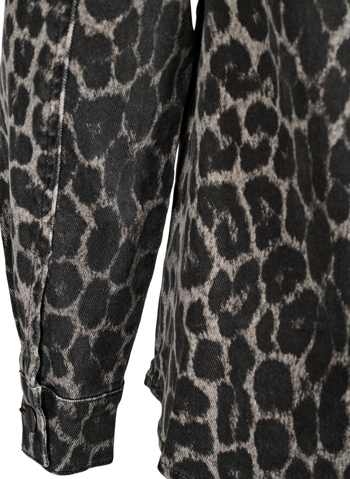 Jeansblus med leopardmönster och knappar, Grå, Packshot image number 3