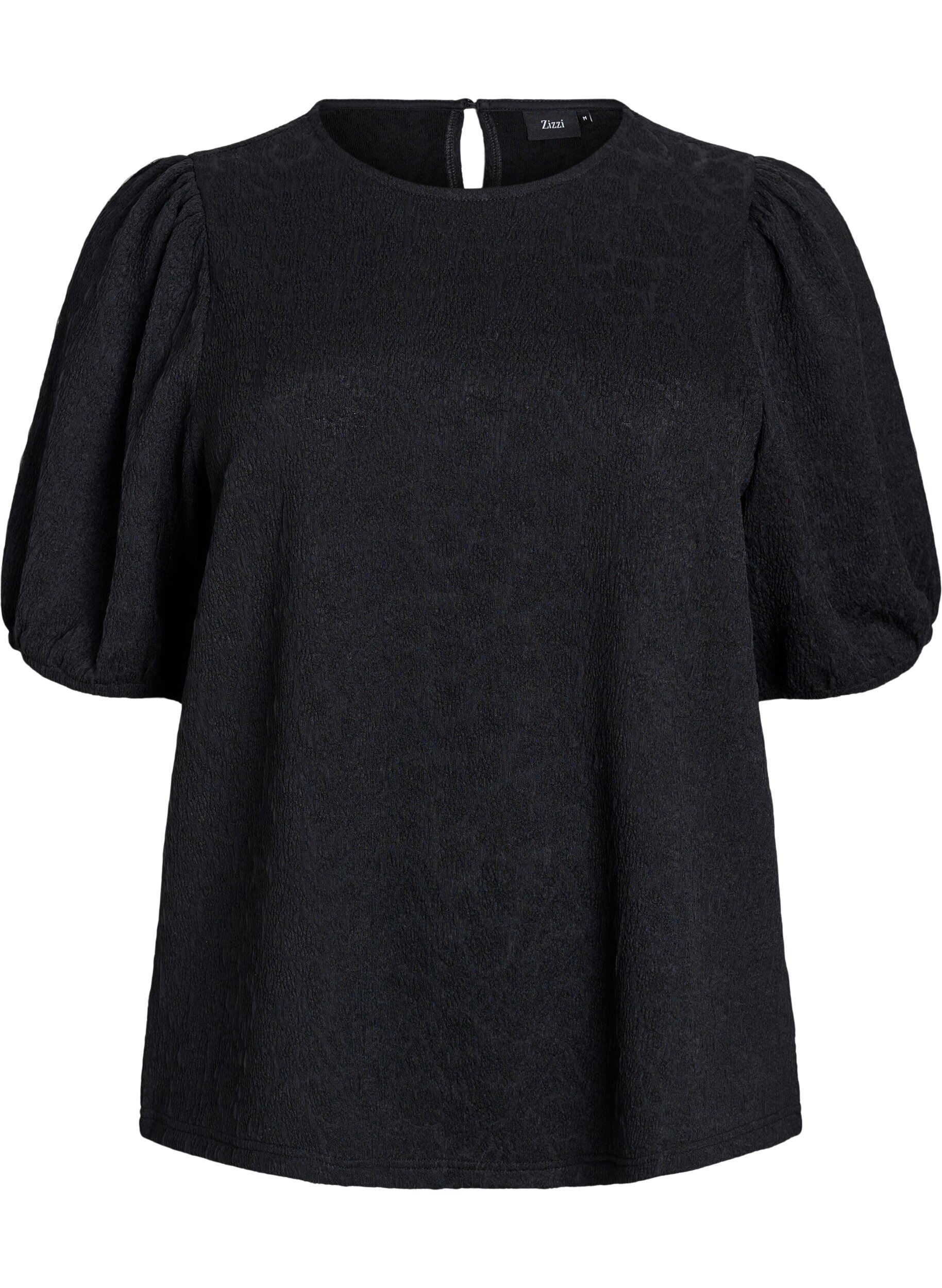 ZizziStrukturerad blus med korta &auml;rmar, Svart, Packshot image number 0