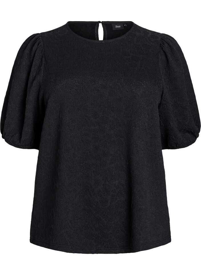 Strukturerad blus med korta &auml;rmar, Svart, Packshot image number 0