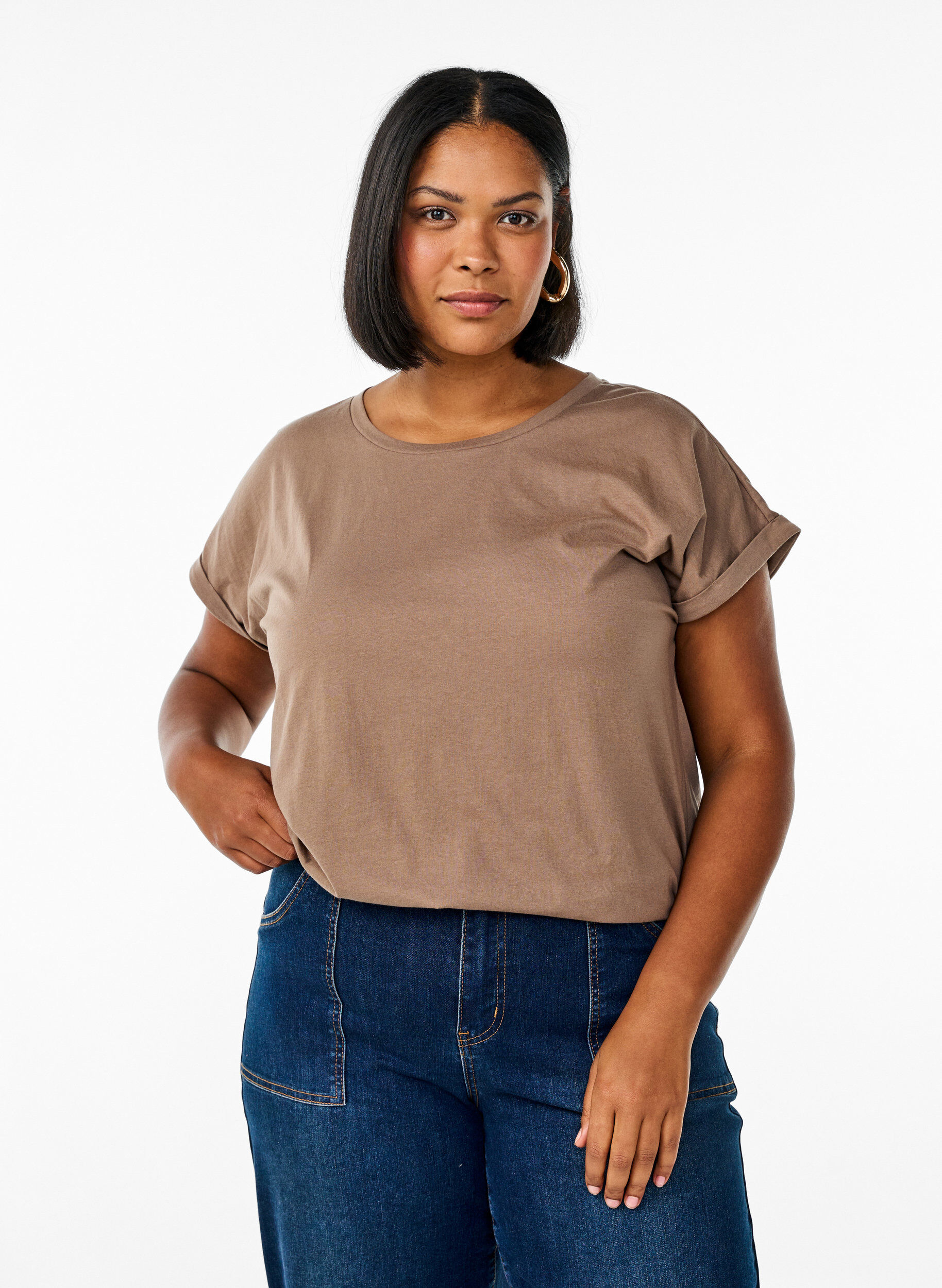 ZizziKort&auml;rmad t-shirt i bomullsblandning, Brun, Model image number 0