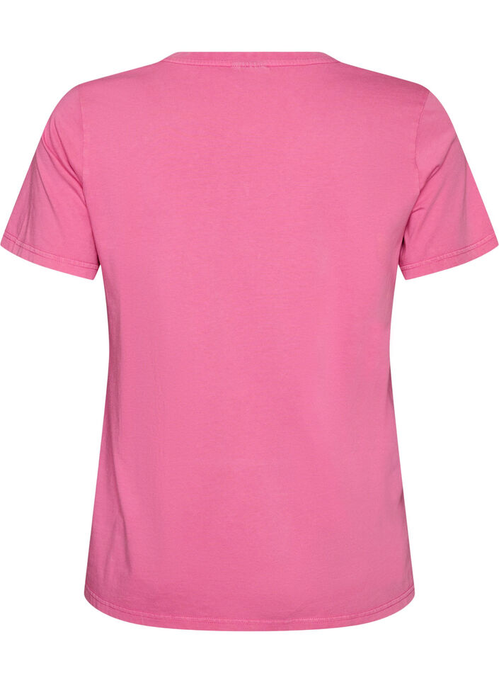 T-shirt i ekologisk bomull med varsity-tryck och v-ringning, Rosa, Packshot image number 1
