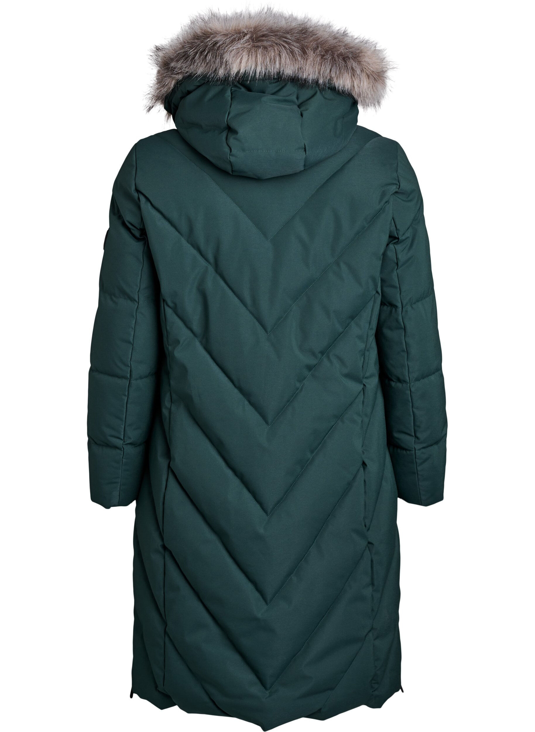 ZizziL&aring;ng vinterkappa med hyskkn&auml;ppning och krage i fuskp&auml;ls, Gr&ouml;n, Packshot image number 1