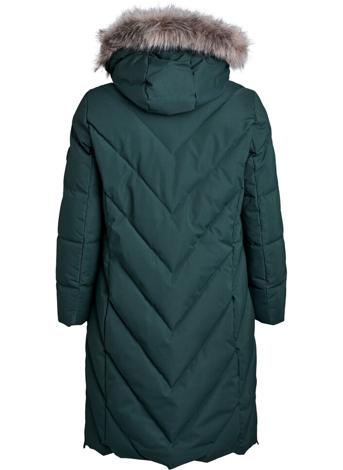 L&aring;ng vinterkappa med hyskkn&auml;ppning och krage i fuskp&auml;ls, Gr&ouml;n, Packshot image number 1