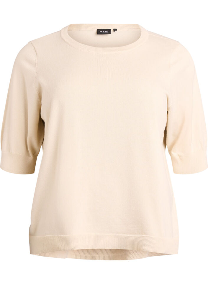 Finstickad blus med korta &auml;rmar, Beige, Packshot image number 0