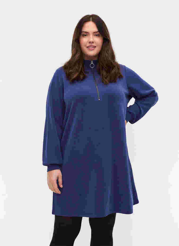 Tunika i sweatshirtmaterial med hög krage och dragkedja, Medieval Blue, Model image number 0