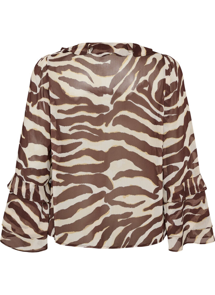 Blus i chiffong med zebram&ouml;nster och volanger, Brun, Packshot image number 1