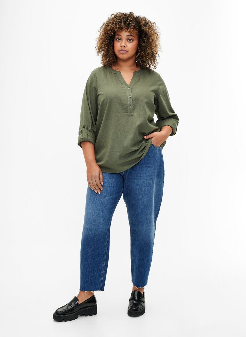 Skjortblus i bomull med v-ringad hals, Thyme, Model image number 2