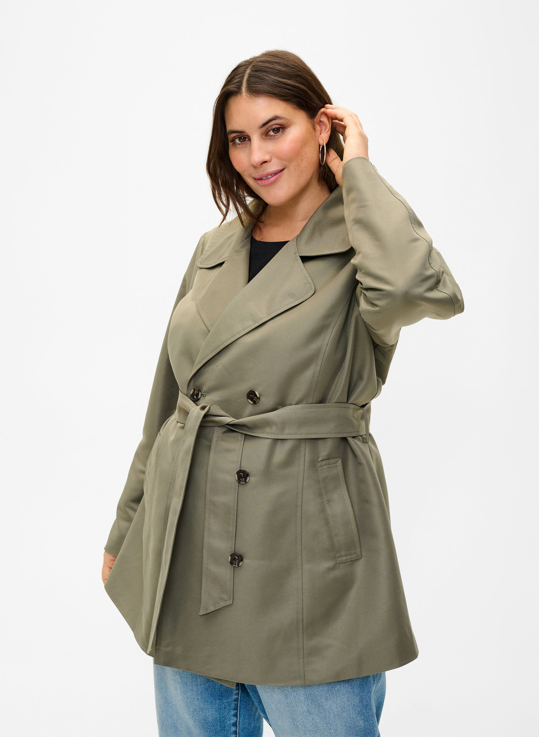 Kort trenchcoat med sk&auml;rp, Gr&ouml;n, Model