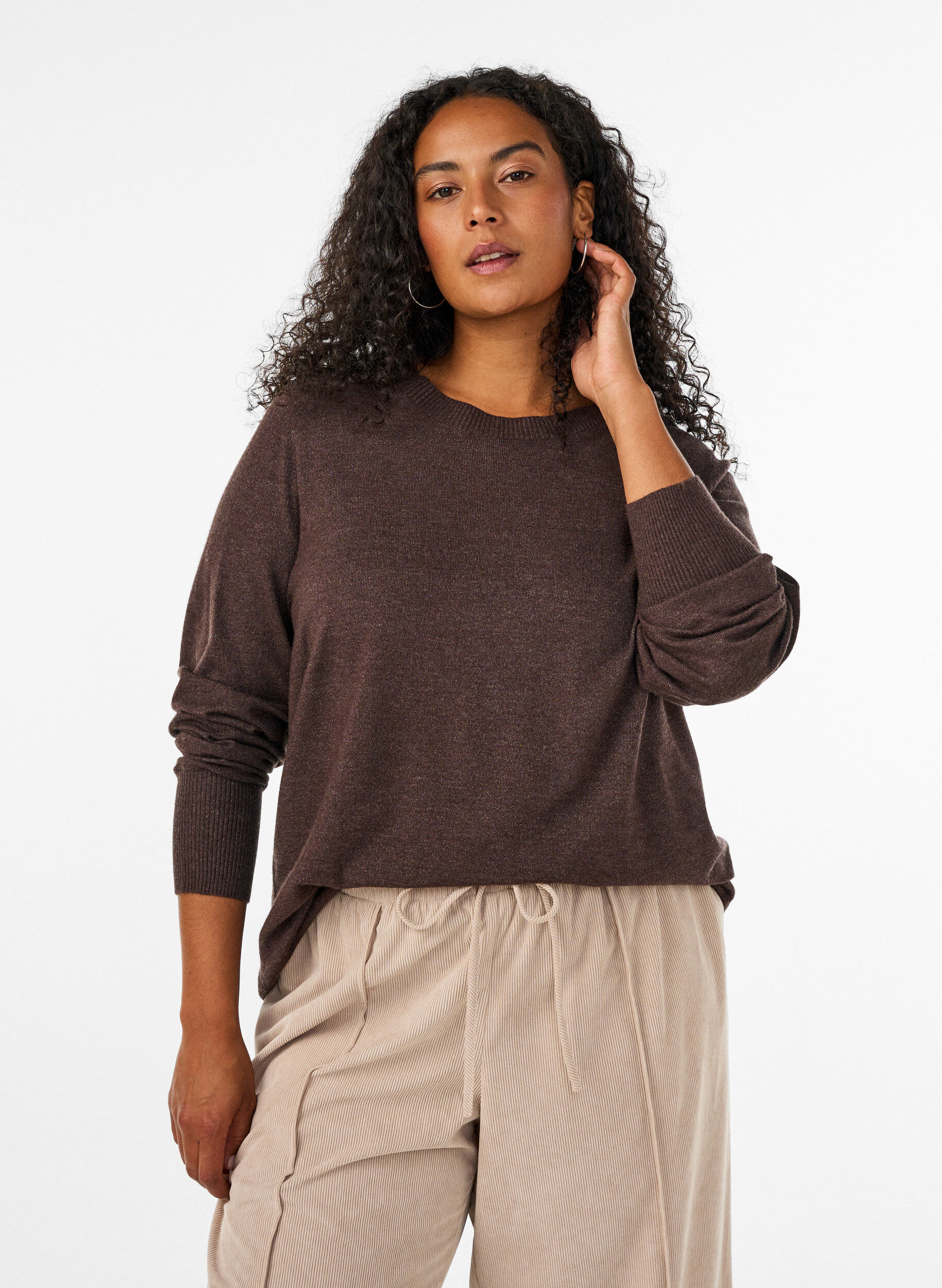 ZizziStickad blus med rund halsringning, Brun, Model image number 0