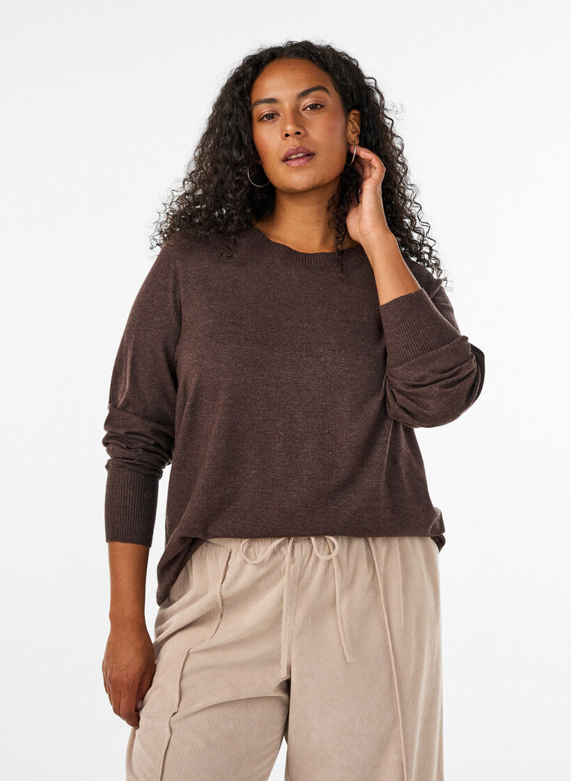 Stickad blus med rund halsringning, Brun, Model image number 0