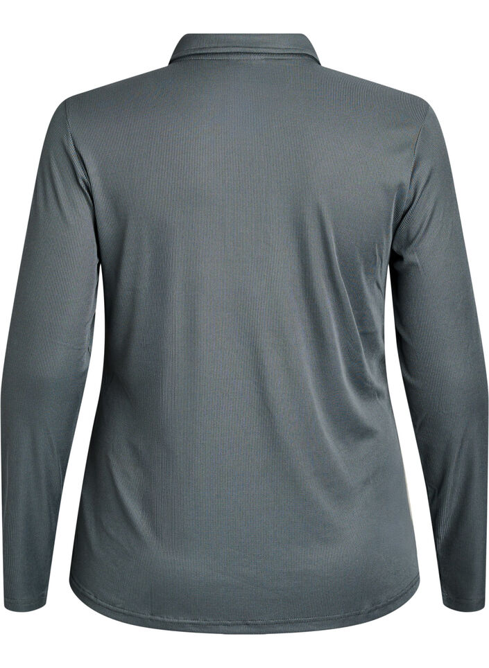 Pikétröja i mjuk ribb med långa ärmar, Grön, Packshot image number 1