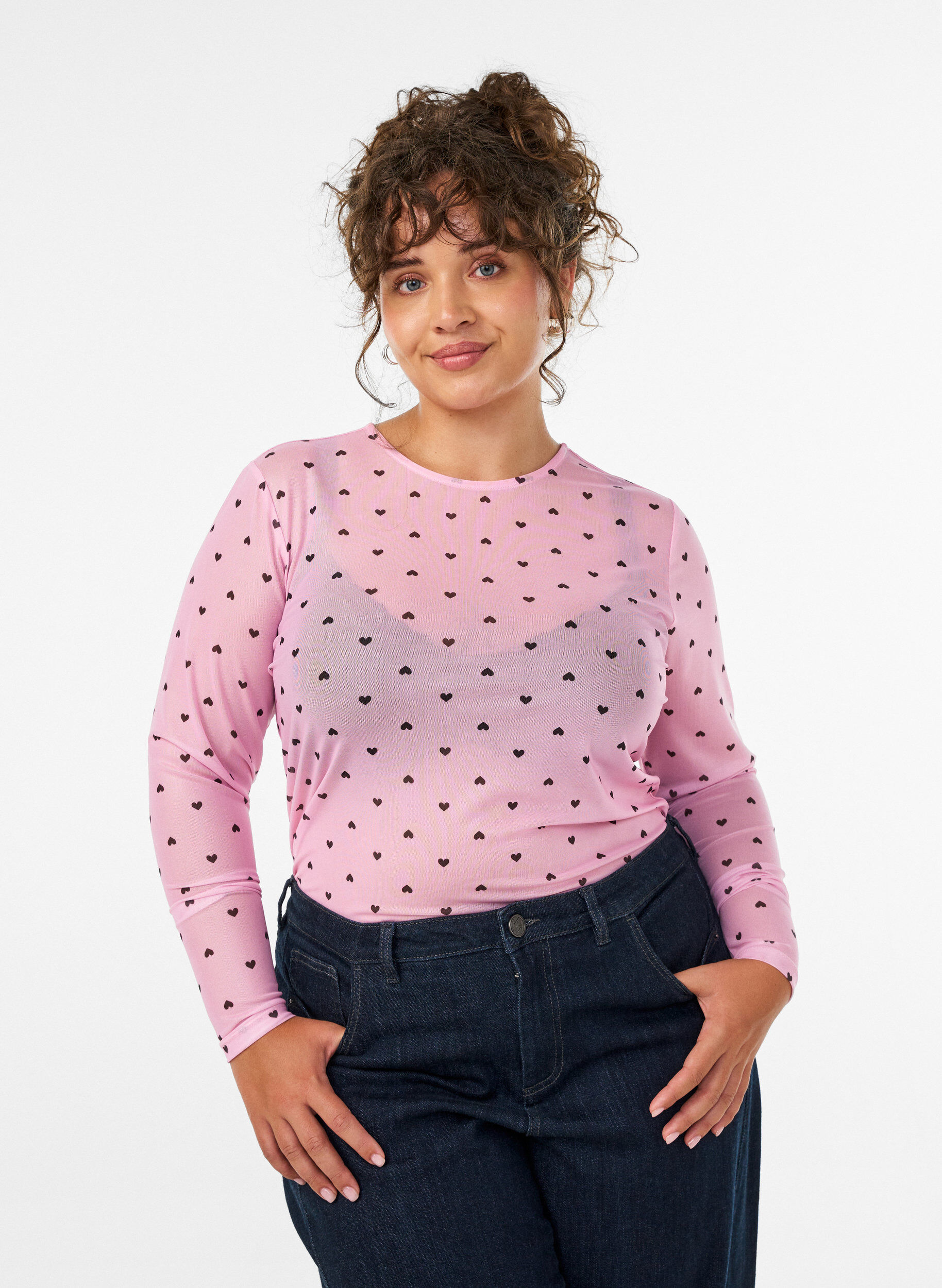 ZizziBlus i mesh med tryck, Rosa, Model image number 0