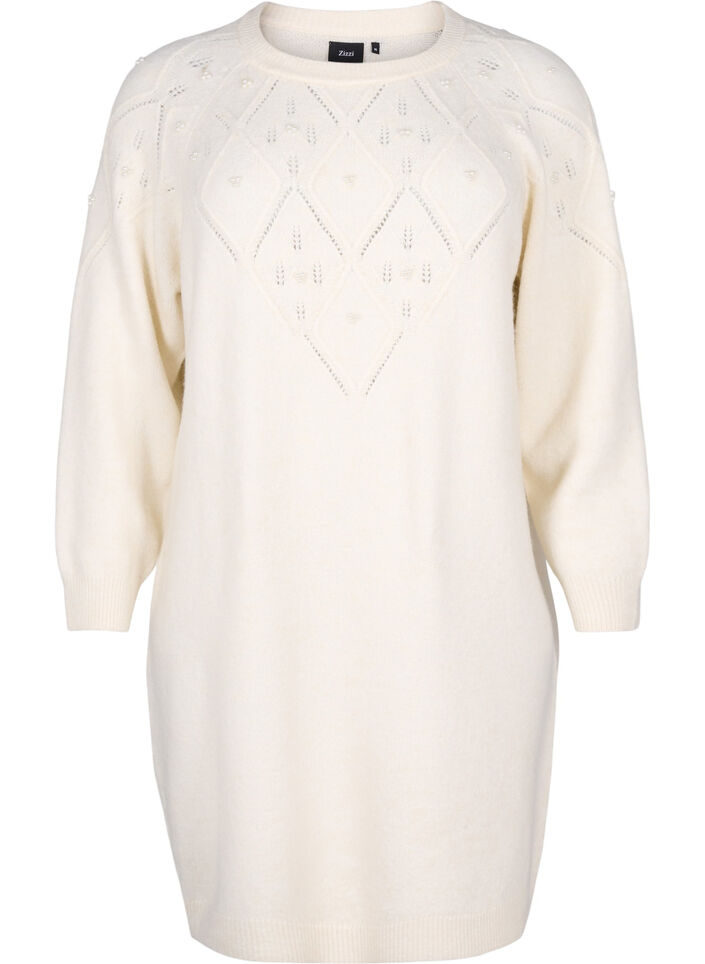 Stickad klänning med mönster och pärlor, Birch Mel., Packshot image number 0