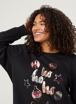 Sweatshirt med julmotiv och paljetter, Black, Model image number 2