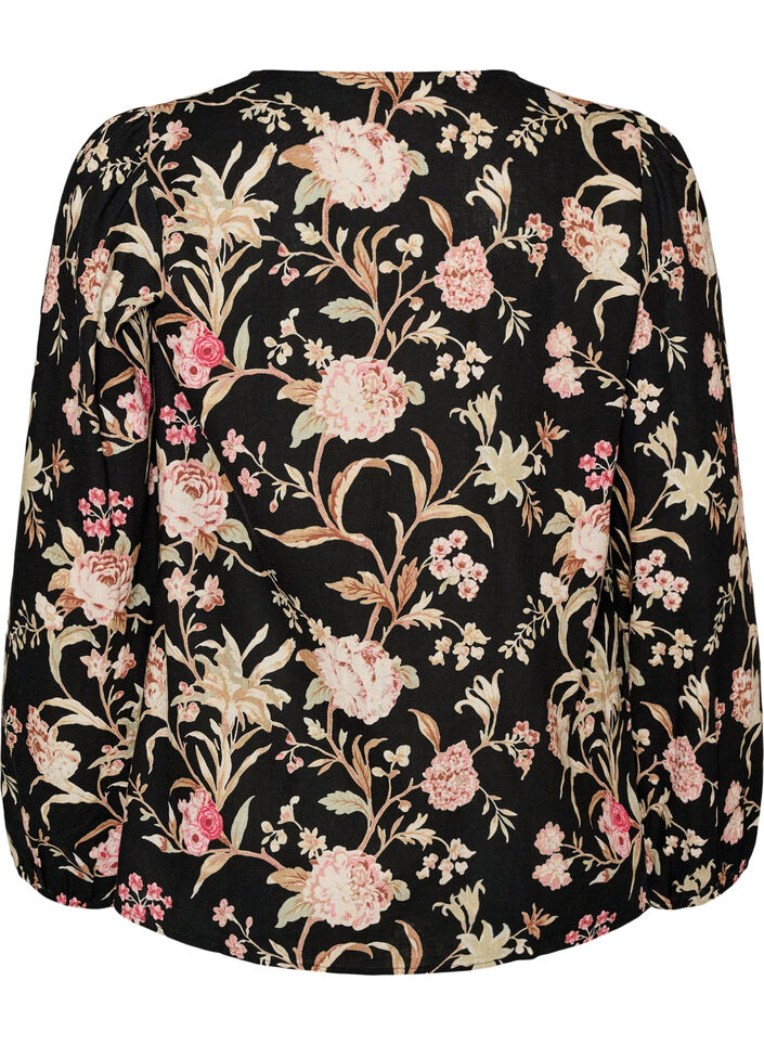 Blommig blus i linne och viskos med l&aring;nga &auml;rmar, Svart, Packshot image number 1