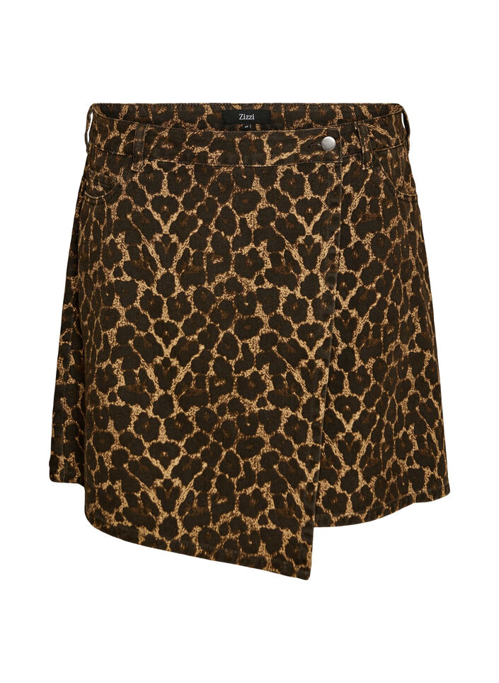 A-linjeformad jeanskjol med leopardm&ouml;nster, Brun, Packshot image number 0