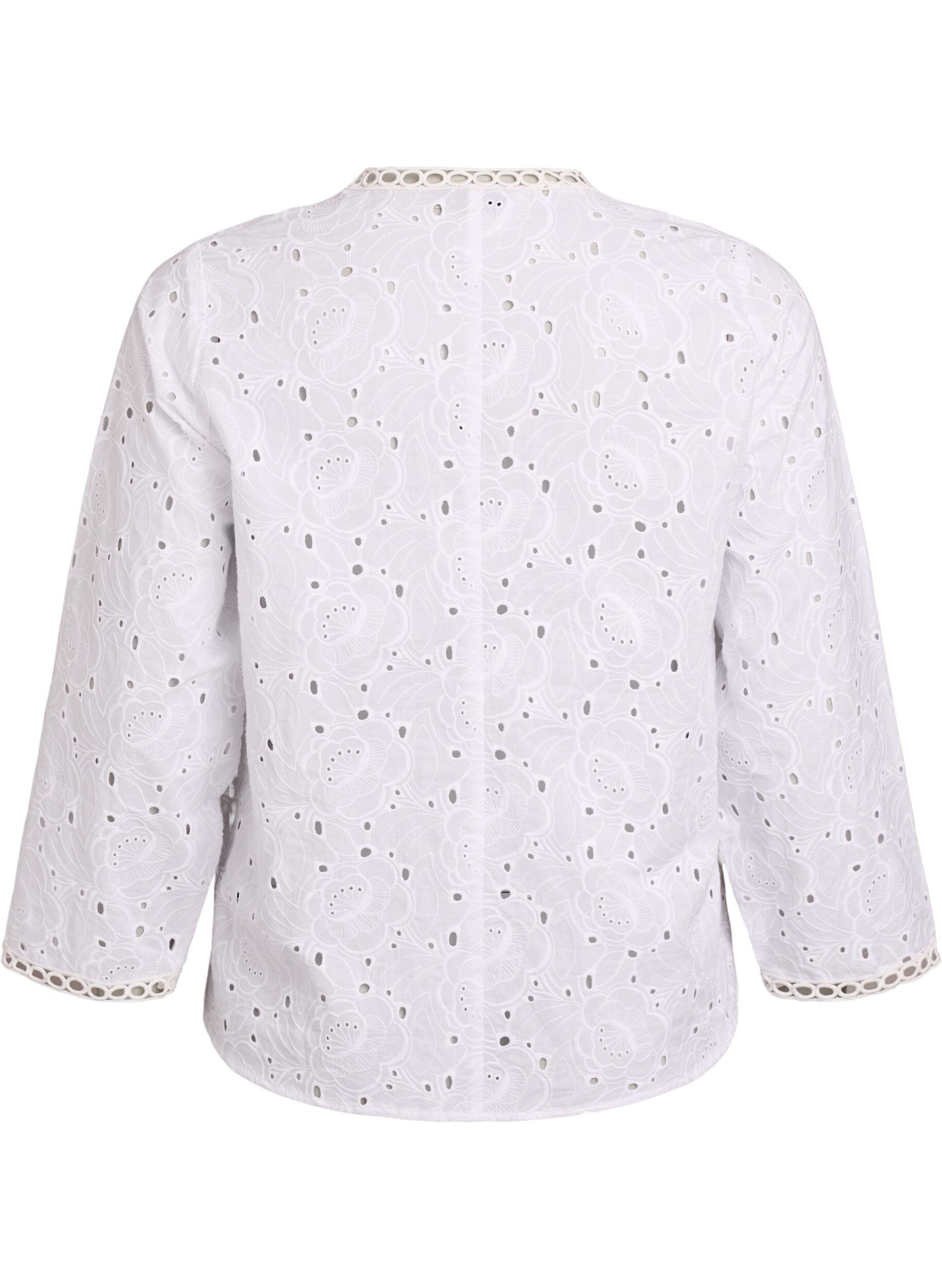 Zizzi L&aring;ng&auml;rmad blus i bomull med broderie anglaise, Vit, Packshot image number 1