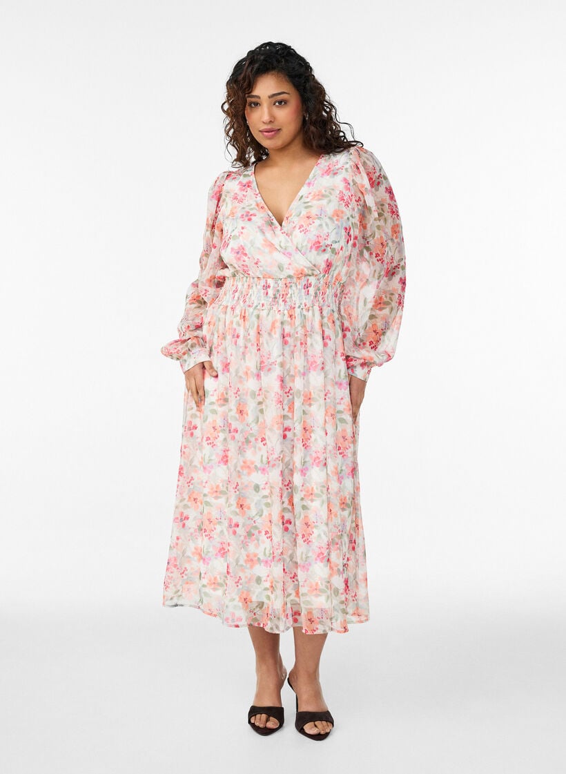 Blommig midikl&auml;nning med omlottlook och smock, Orange, Model image number 0