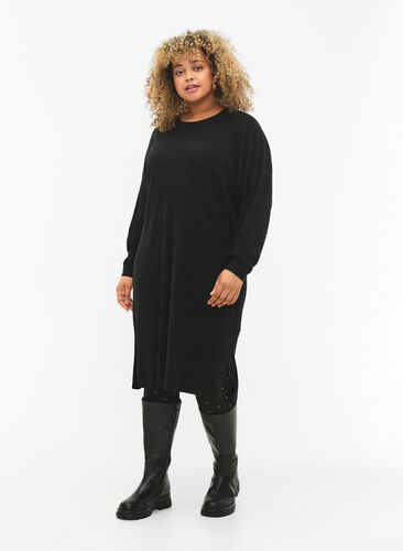 Överdimensionerad stickad klänning med slits, Black, Model image number 0