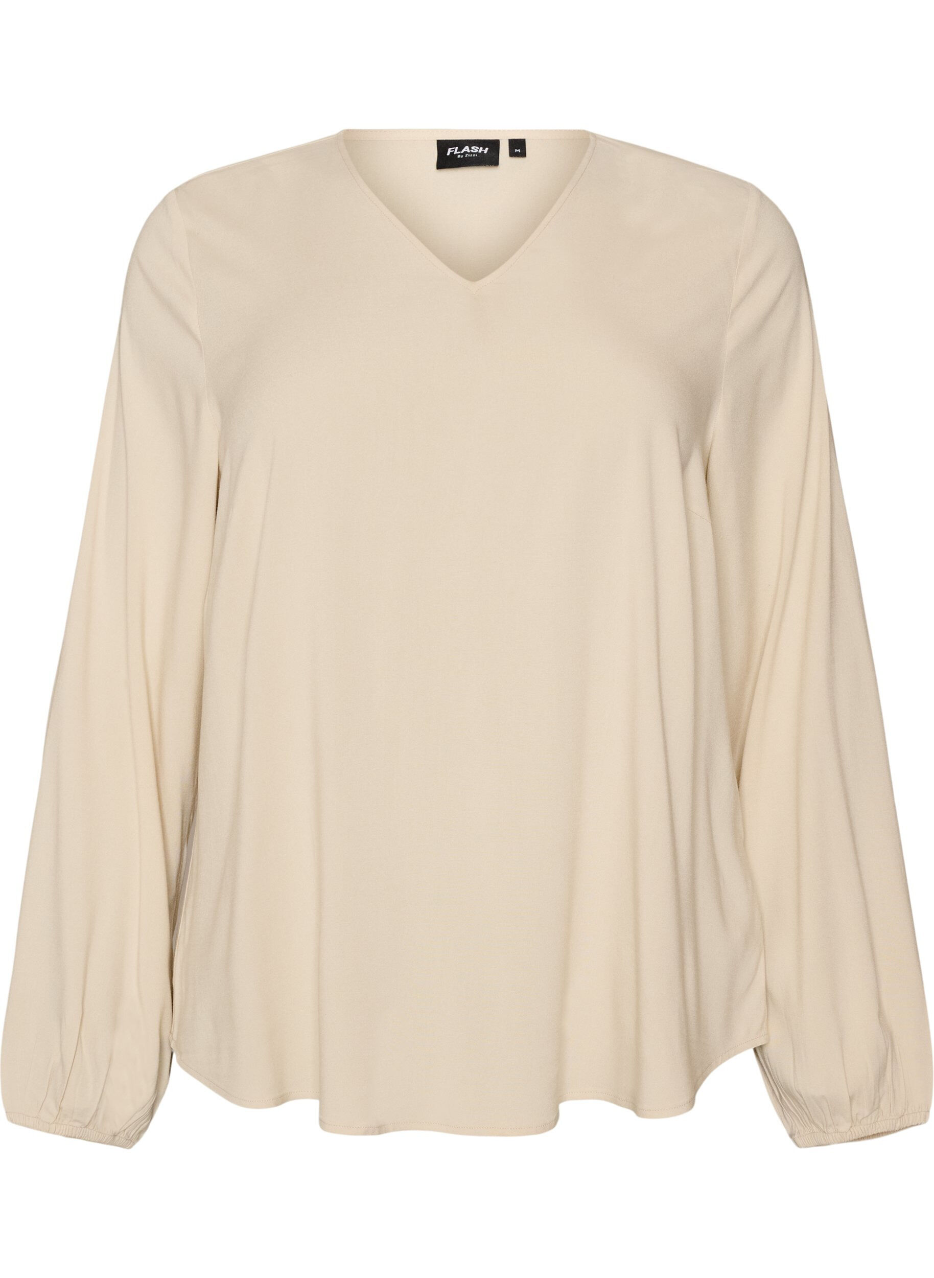 ZizziBlus i viskos med v-ringning och rundad nederkant, Beige, Packshot image number 0