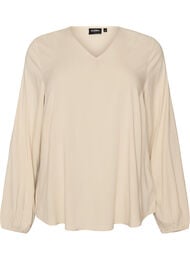 Blus i viskos med v-ringning och rundad nederkant, Beige