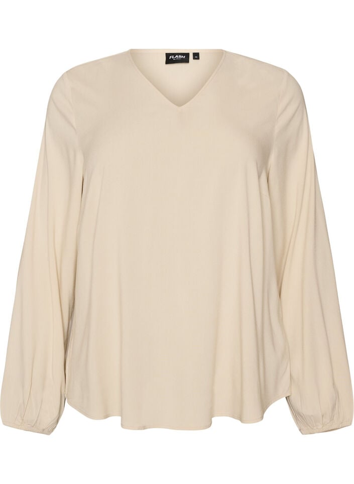 Blus i viskos med v-ringning och rundad nederkant, Beige, Packshot image number 0