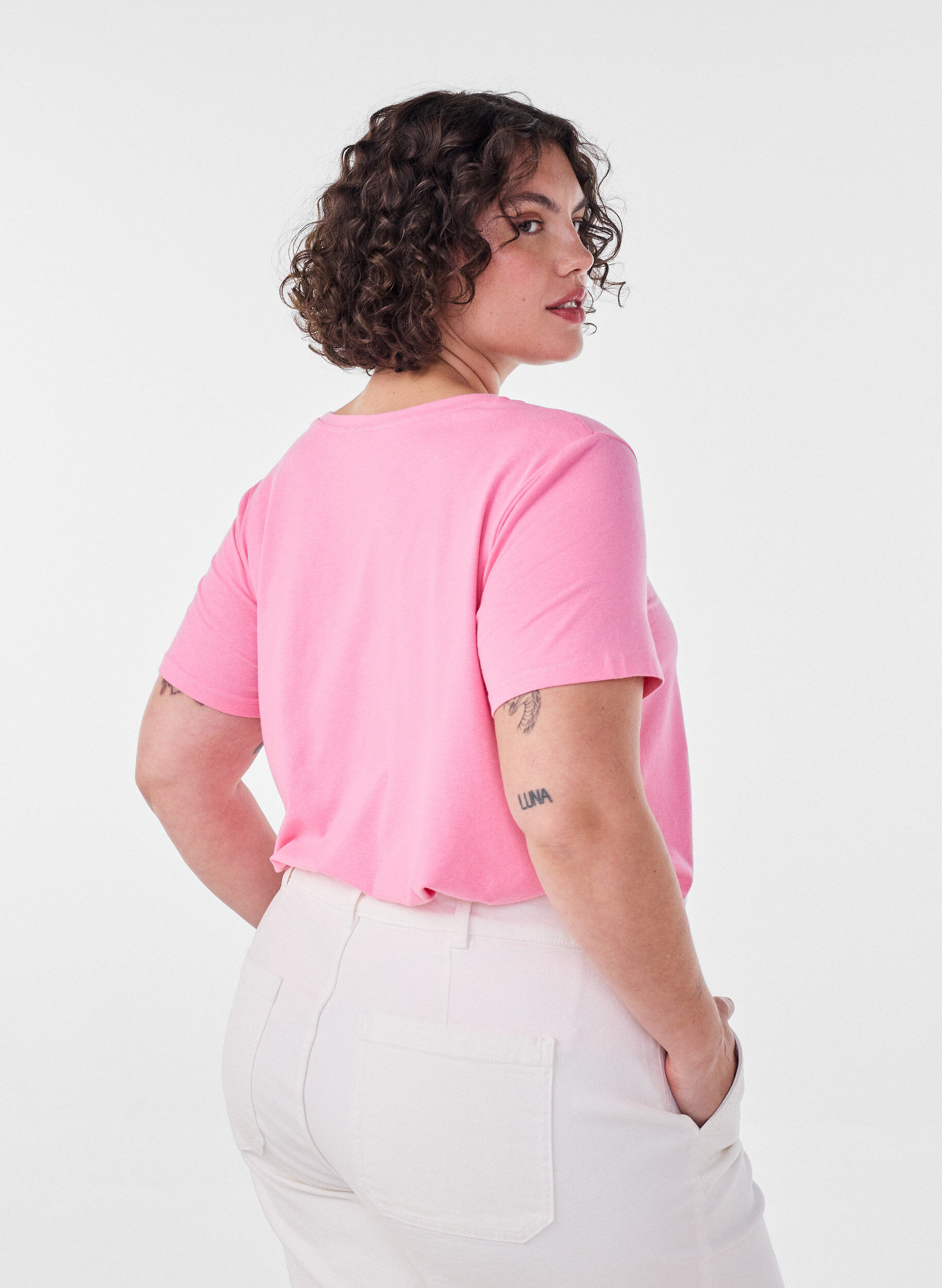 ZizziEnf&auml;rgad t-shirt i bomull, Rosa, Model image number 2