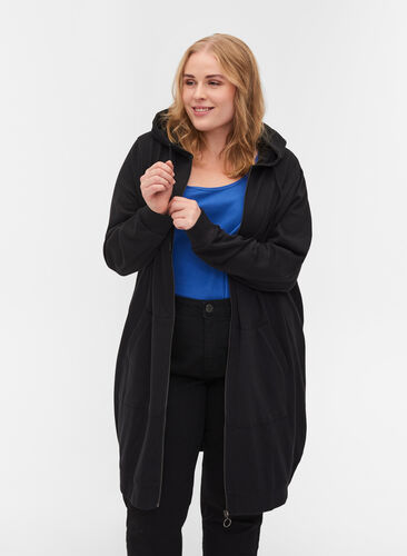 Lång cardigan i sweatshirtmaterial, Black, Model image number 0