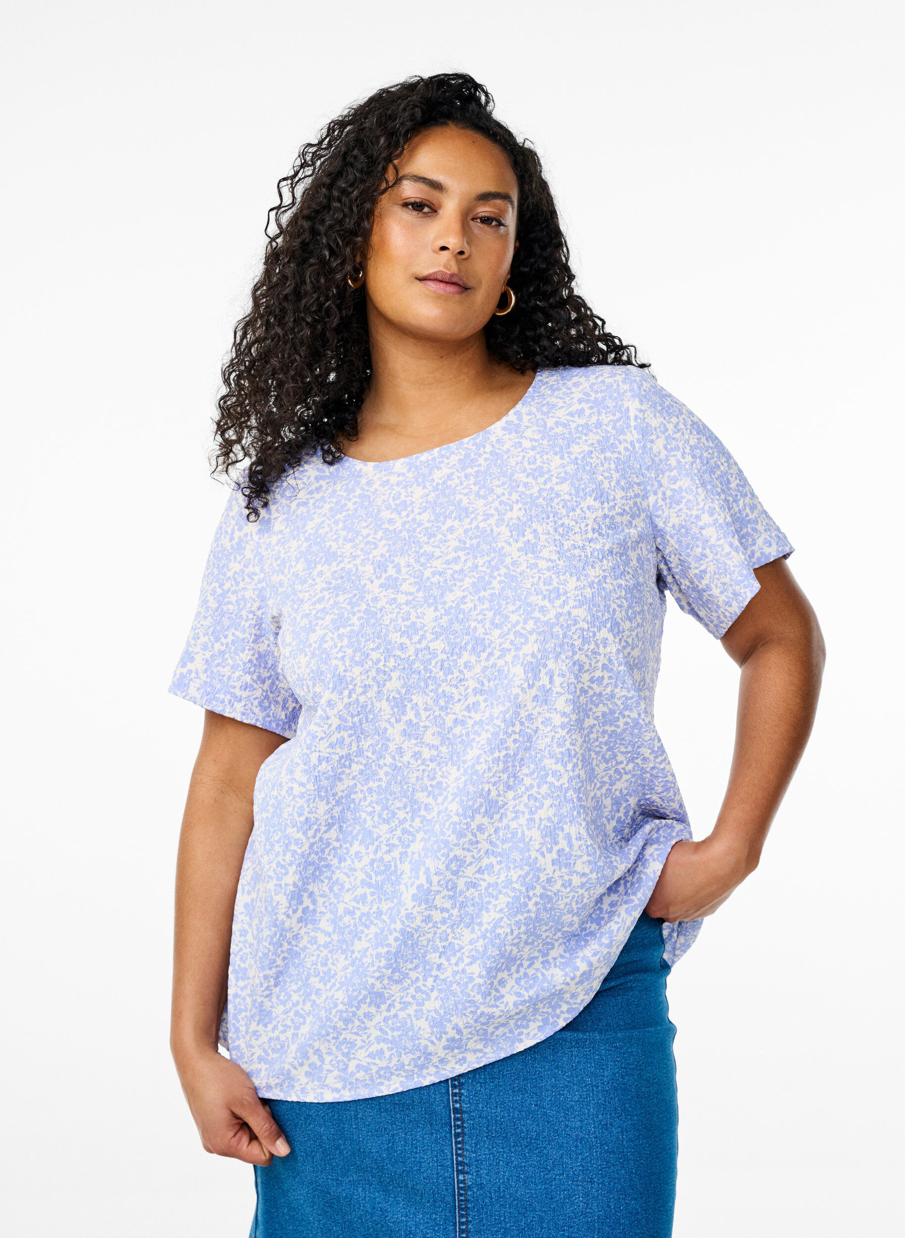 ZizziKort&auml;rmad blus med struktur, Bl&aring;, Model image number 0