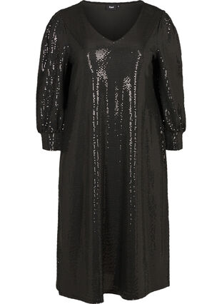 Paljettklänning med slits och 3/4 ärmar, Black, Packshot image number 0