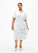 Blommig satinklänning med puffärmar, Off White Blue Fl., Model image number 3