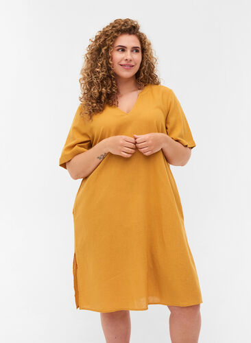 Kortärmad klänning i bomullsmix med linne, Honey Mustard, Model image number 0