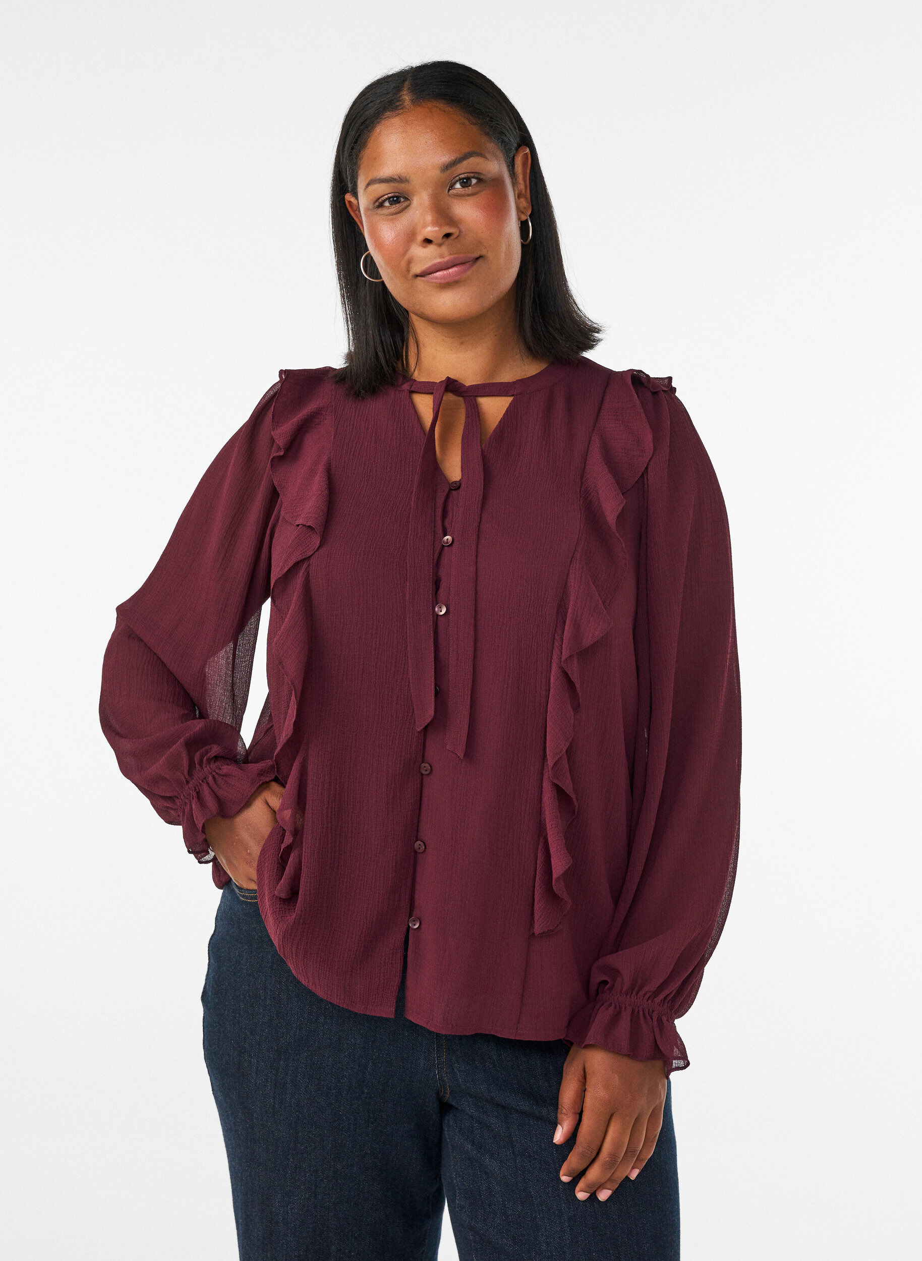 ZizziSkir blus med volanger och knytning, R&ouml;d, Model image number 0