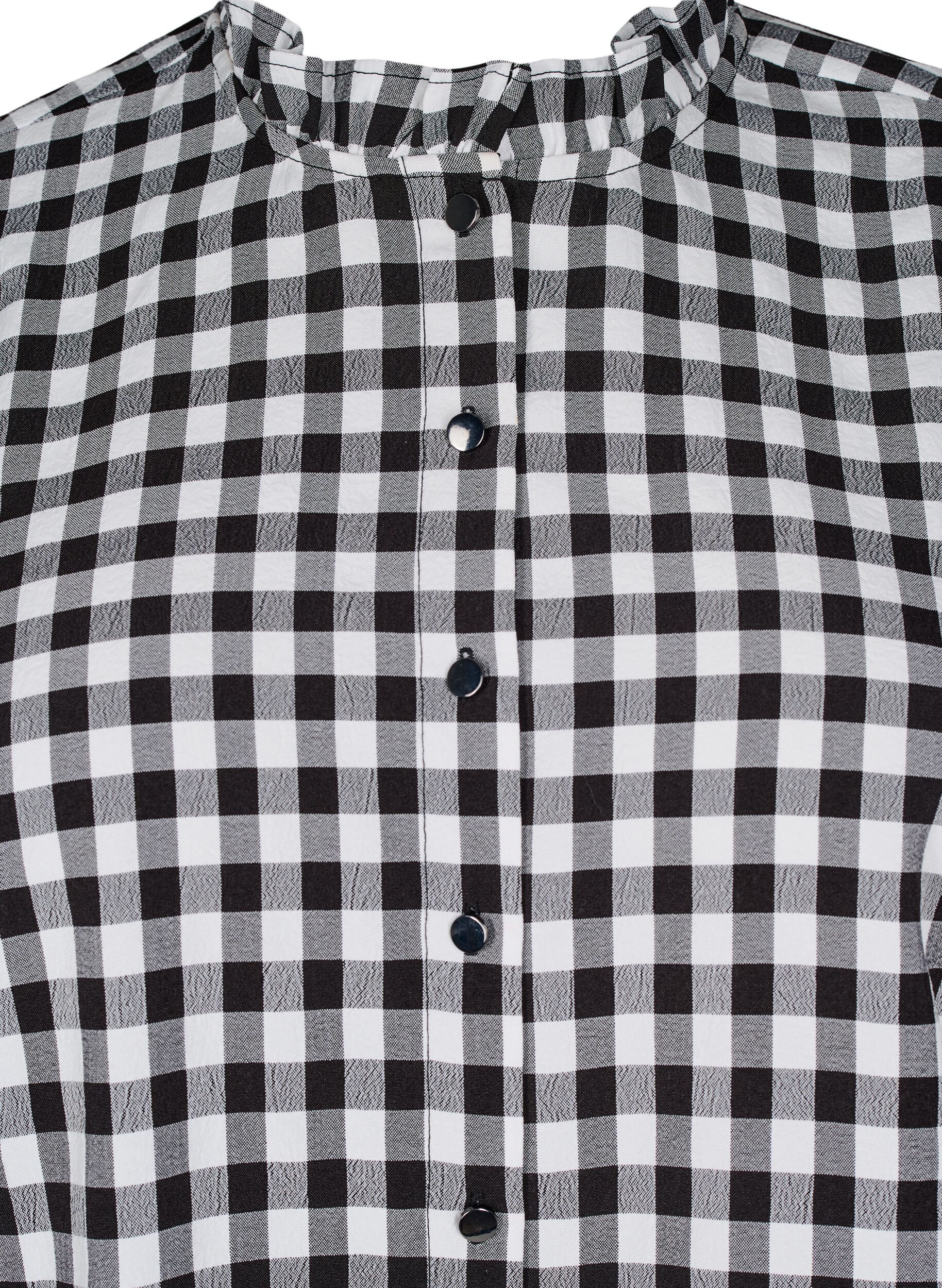 Zizzi Rutig skjortblus med volangdetaljer, Black/W. Gingham, Packshot image number 2